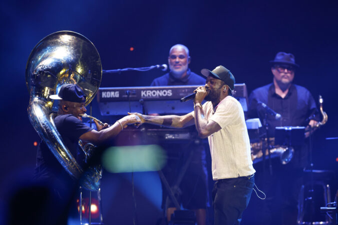Philadelphia-born rapper Meek Mill takes the stage during the One Philly: Unity Concert for America on the Benjamin Franklin Parkway Sunday, July 5, 2026, in Philadelphia.