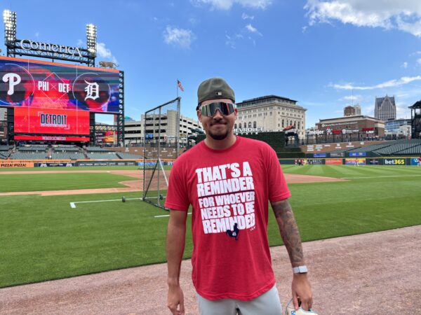 Orion Kerkering modeling the Phillies' new shirt.