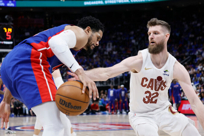 Cleveland Cavaliers forward Dean Wade (32) knocks the ball away from Detroit Pistons forward Tobias Harris during the Eastern Conference semifinals. Defense was Wade's calling card in Cleveland.