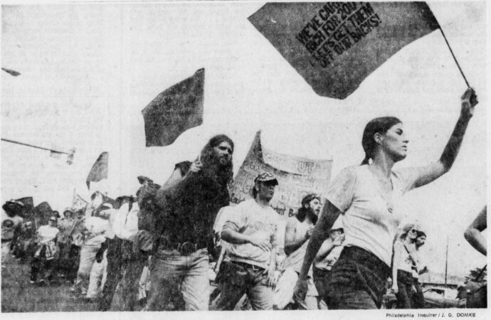 Marchers affiliated with Rich Off Our Backs demonstrate at 18th Street and Girard Avenue on July 4, 1976.