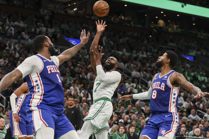 The Sixers traded for Jaylen Brown (center) after he spent his first 10 NBA seasons in Boston.