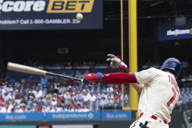 A large advertisement for theScore Bet sits in the right field stands at Citizens Bank Park, and can be easily viewed by fans.