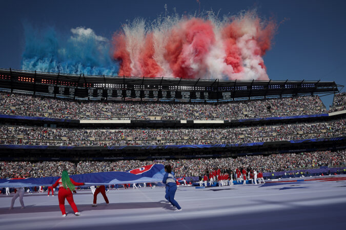 Fireworks go off over the stadium before France plays Paraguay in the FIFA World Cup Round of 16 match in Philadelphia on Saturday.