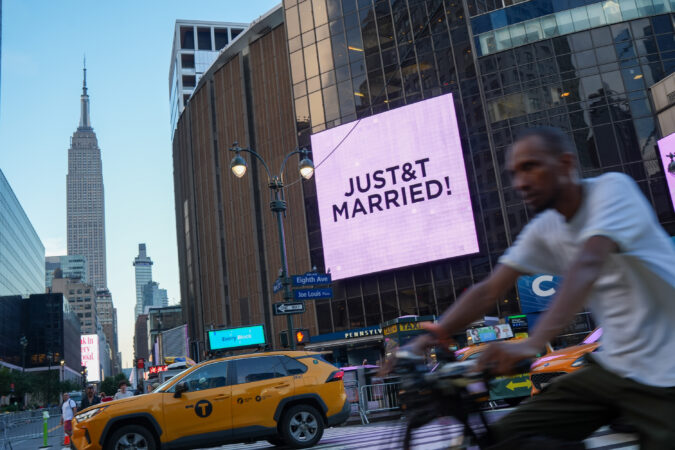 A "Just Married" sign is displayed on Madison Square Garden during a wedding between singer Taylor Swift and Kansas City Chiefs tight end Travis Kelce on Friday.