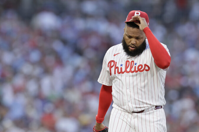 Phillies pitcher José Alvarado comes off the mound after giving up a homerun in the seventh inning of the New York Yankees at Philadelphia Phillies MLB baseball game at Citizens Bank Park in Philadelphia on Saturday, July 25, 2026.